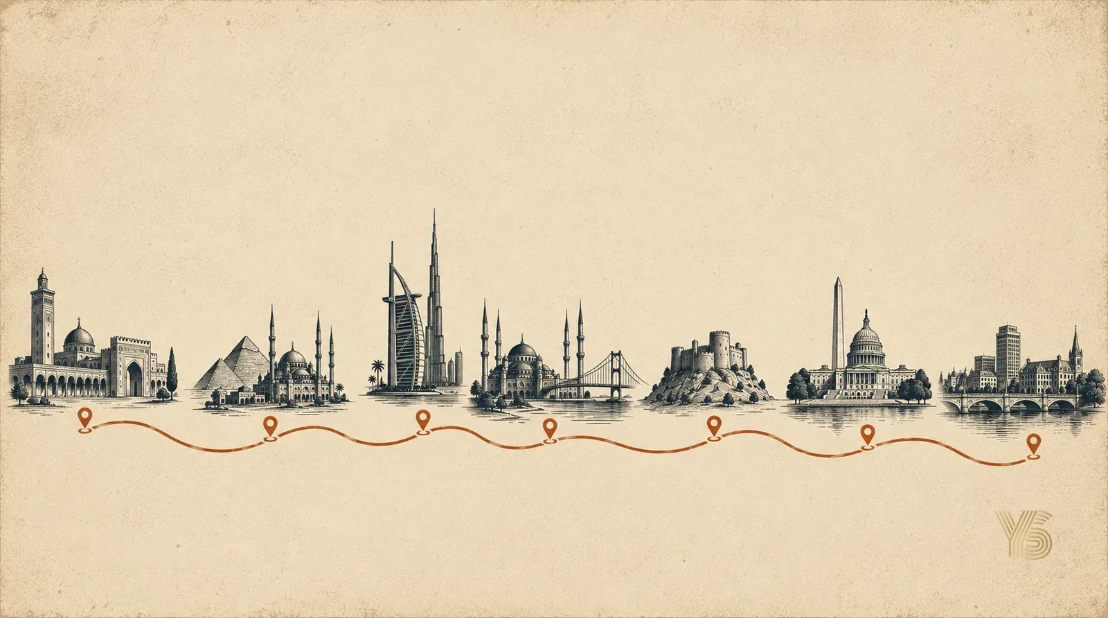 Illustrated route map linking Damascus, Cairo, Dubai, Istanbul, Gaziantep, Washington and London Ontario, tracing fourteen years of adaptive leadership across displacement.